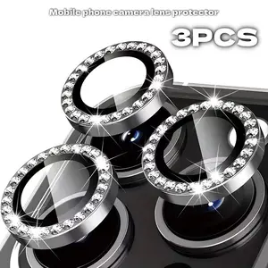 Sparkling rhinestone-studded cellphone camera lens protector for iPhone 15, 14, 13, 12, and 11 series. Scratch- and drop-resistant tempered glass camera lens protector (black).