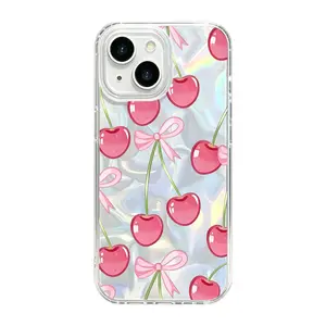 [1pcs] Cute Pink Cherry Bow Phone Case for iPhone | Aesthetic Holographic Wavy Protective Cover, Girly Sweet Design
