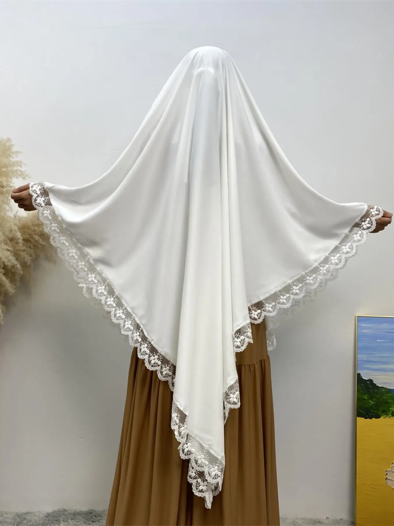 Women's Solid Color Lace Trim Khimar, Modest Fashion Khimar for Daily Wear, Women's Islamic Clothing for All Seasons