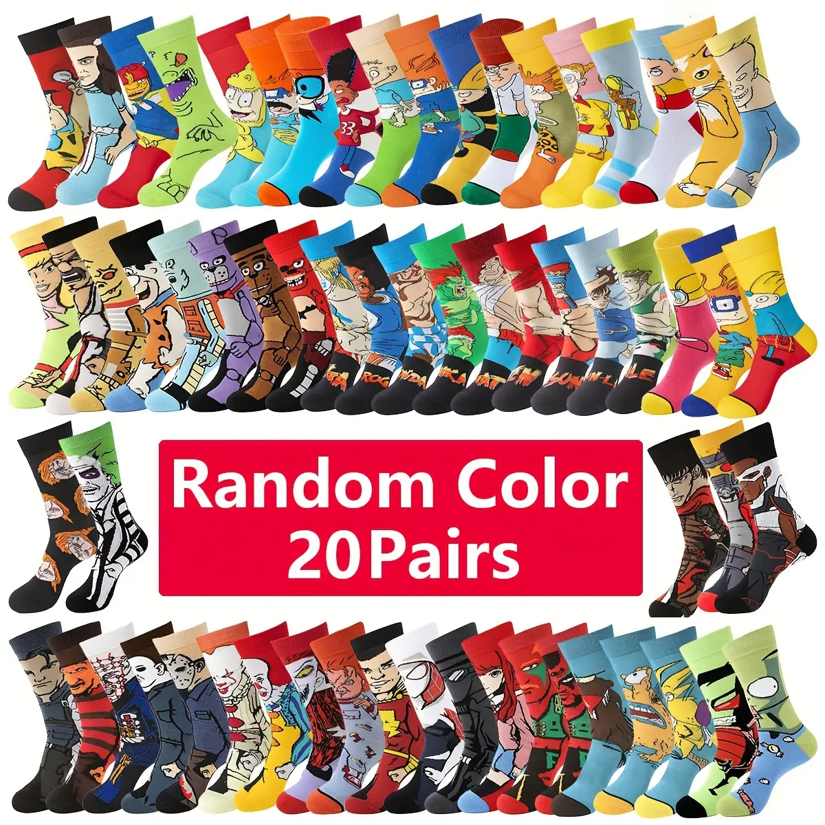 20 Pairs Of Men's Trendy Cartoon Anime Pattern Crew Socks, Breathable Comfy Casual Socks for Men's Outdoor Wearing All Seasons Wearing Fabric Menswear