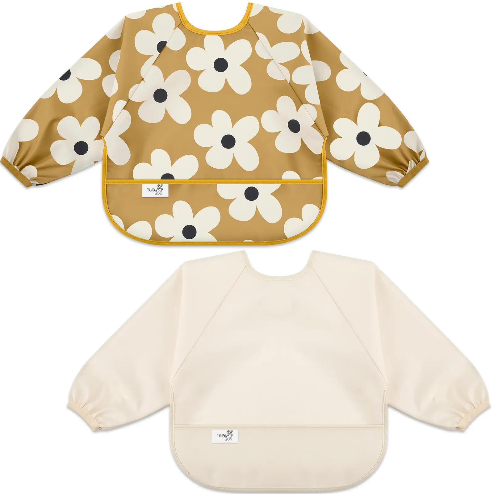 Long-Sleeve Waterproof Smock Bib with Catch-All Pocket, All Over Coverall for Mess-Proof Feeding, Fits Baby & Toddler 0-2 Years