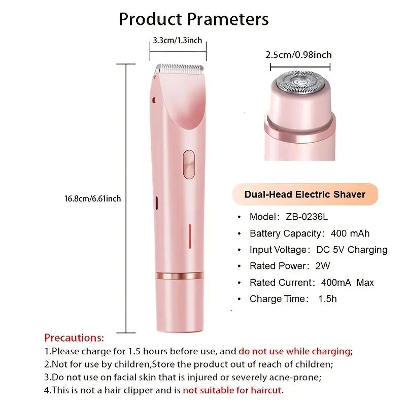 Women's Electric Bikini Trimmer & Body Shaver Dual Head Ceramic Blades Painless Wet Dry Use for Face Body Quick Smooth Cordless USB Fast Charge Gift Daily