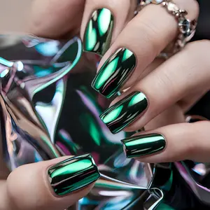 24pcs Square Press-On Glossy Fake Nails with Metallic Laser Finish, Cyber Mirror Short Nails, Reusable and Stylish Nail Art for Easy Application