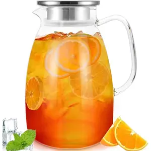 Glass Pitcher with Lid, 68oz Large Water Pitcher with Insulated Handle, Heat Resistant Borosilicate Carafe, Durable Water & Juice Jug for Hot Coffee, Iced Tea, Lemonade & Cold or Hot Beverages
