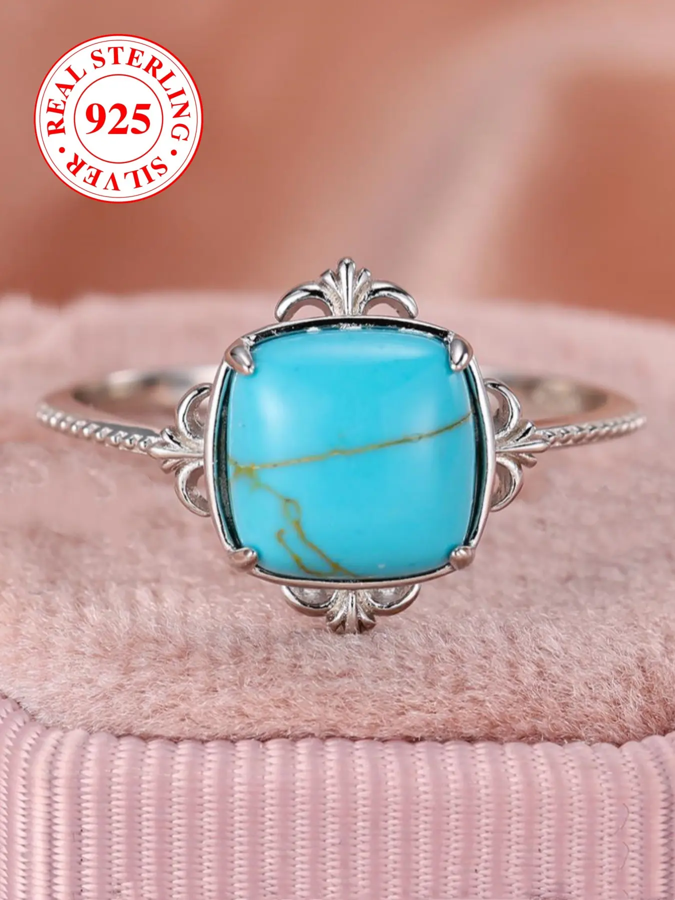 S925 Sterling Silver Vintage Style Turquoise Decorated Ring, Vintage Inspired Ring, Fashion Jewelry for Party, Daily Decor, Trendy All-match & Exquisite Jewelry for Birthday Gift, with Box, Turquoise Texture Real Rings