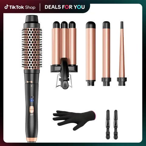 BESTOPE PRO 5-in-1 Curlers & Straighteners Set - Ceramic Curling Iron, 3-Barrel Wand, Thermal Brush, Negative Ions, 2 Temp Settings, 30S Fast Heat, Glove & Clip (Spring Gift)
