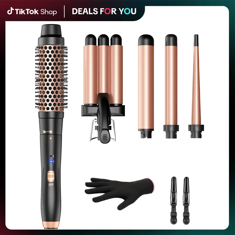 BESTOPE PRO 5-in-1 Curlers & Straighteners Set - Ceramic Curling Iron, 3-Barrel Wand, Thermal Brush, Negative Ions, 2 Temp Settings, 30S Fast Heat, Glove & Clip (Spring Gift)