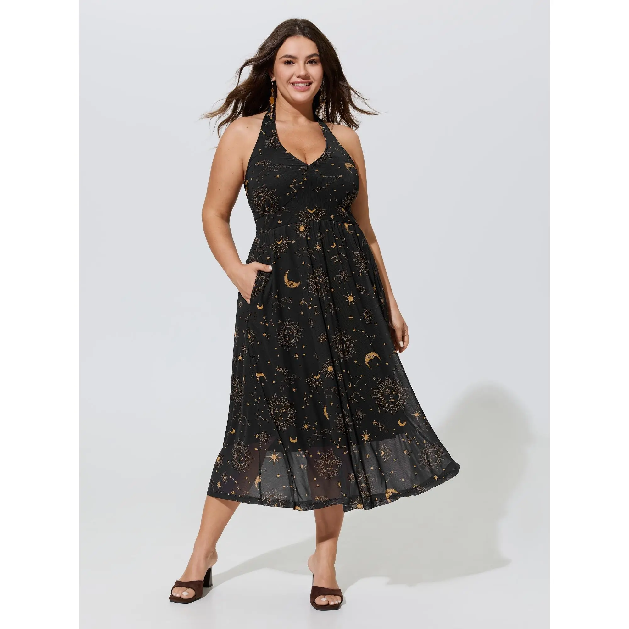 BLOOMCHIC Plus Size Constellation Print Halter Neck Mesh Midi Dress[M-6X] Summerfinds
