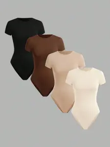 4pcs Girls' Base Layer Short Sleeve Square Neck Solid Color Slim Fit Bodysuit Teen Girls' Bodysuit And Jumpsuit Fashionable And Versatile, for Outdoor