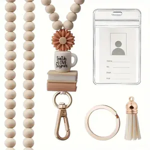 Wooden Bead Necklace & Keychain & Card Holder Set, 1 Set Creative ID Badge Holder Set, Identification Badges & Supplies for Teacher Gift, Personalized Lanyard