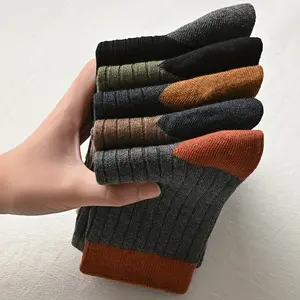 5 Pairs Men's Vintage Solid Color Knitted Socks, Comfortable and Breathable Casual Soft Elastic Socks, Suitable for Spring and Summer