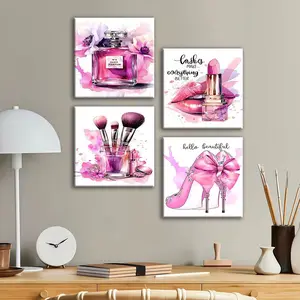 4-count wooden frame canvas, pink watercolor beauty four-panel decorative poster, fashionable living room and bedroom decoration, exquisite family poster, corridor wall hanging painting, waterproof art