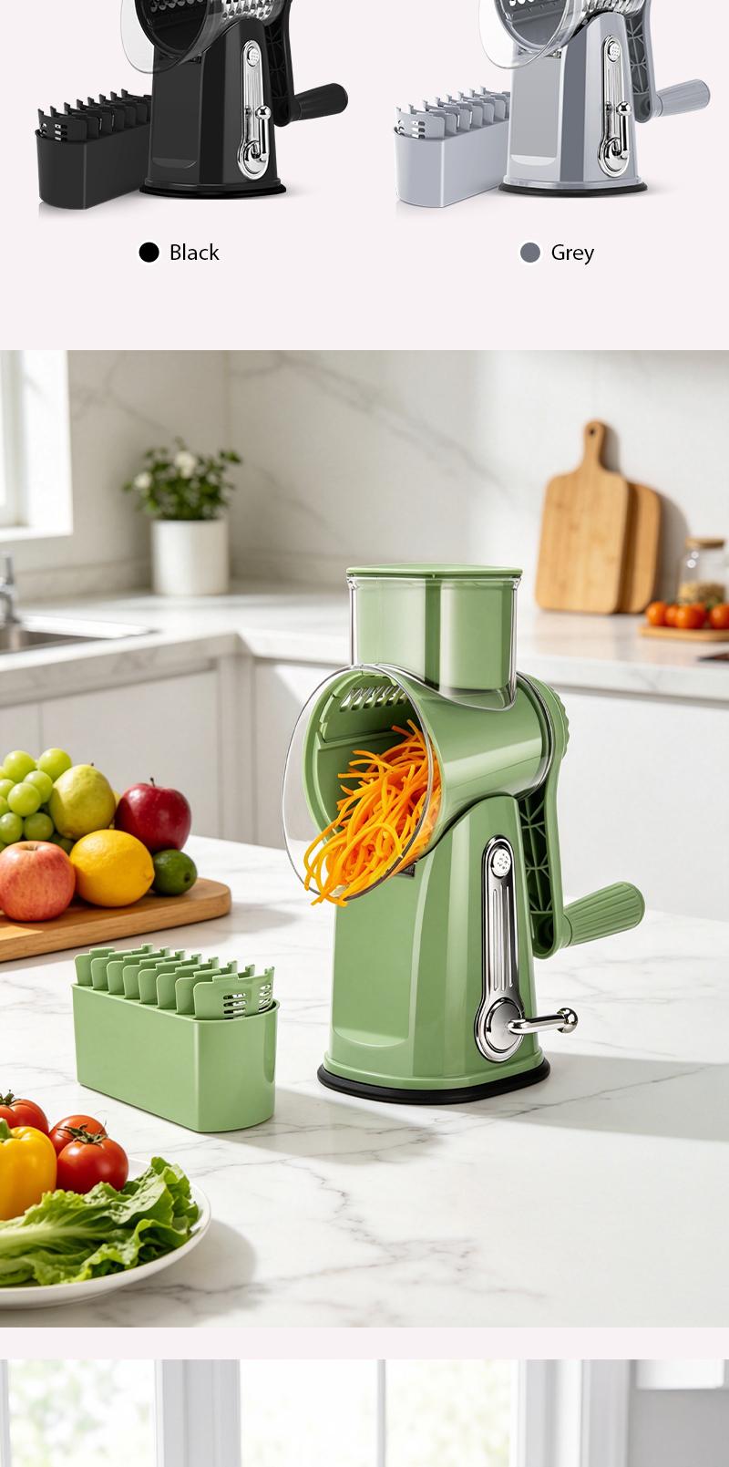 SUSTEAS Rotary Cheese Grater Hand Crank Food Chopper with Handle, 5 Well-Designed Blades, Strong Suction Cup Base, Blade Storage Box, Removable Parts for Simple Cleanup, No Power Home Cooking Tool for Wavy Cuts,sohochic