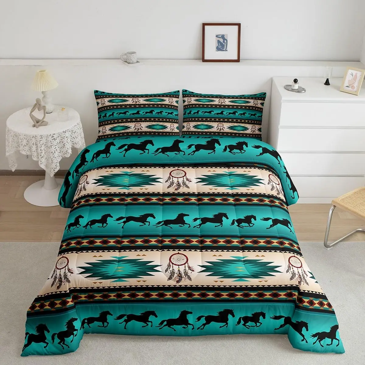 Feelyou African Style Bedding Set - Aztec Print Tribal Horse Quilt, Western Farm Animals Theme, Exotic Nordic Design, Breathable Comfy All Seasons Duvet Insert, Multi-Size Travel-Friendly, Machine Wash Bed Sheets
