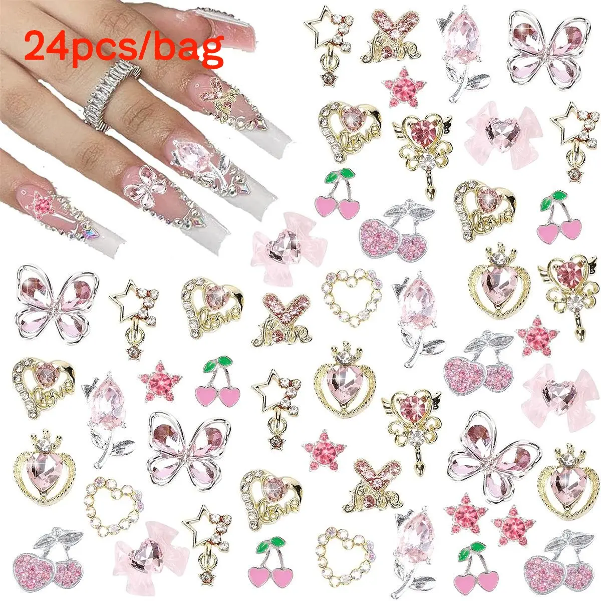 24 Piece Nail Art Accessories Nail Art Set Y2K Alloy Water Drill Heart Star Bow Cherry Design, Stylish Nails Enhancements for Trendy Looks, Nail Art Supplies