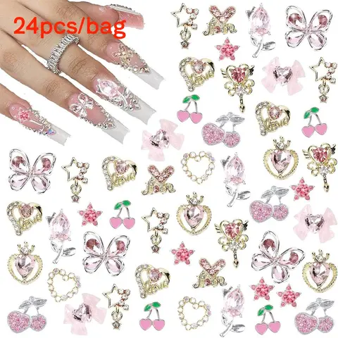 Butterfly & Heart & Cherry & Bowknot Design Nail Art Charms, Nail Art Gems, 24pcs/set Rhinestone Decor Nail Art Decoration, DIY Nail Art Decoration, Diy Nail Kit, Nail Art Supplies, Nail Art Products, Nail Rhinestones