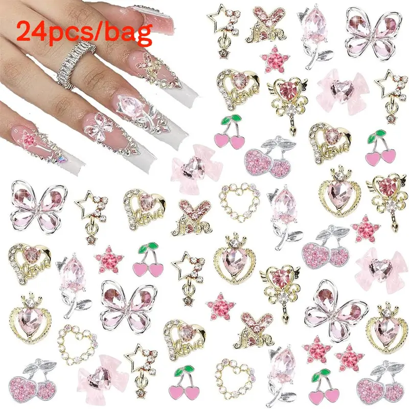Butterfly & Heart & Cherry & Bowknot Design Nail Art Charms, Nail Art Gems, 24pcs/set Rhinestone Decor Nail Art Decoration, DIY Nail Art Decoration, Diy Nail Kit, Nail Art Supplies, Nail Art Products, Nail Rhinestones