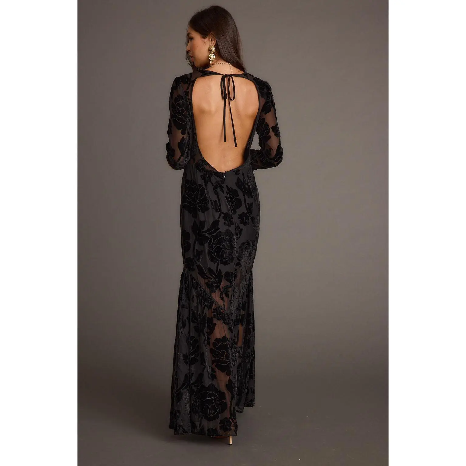 Women's Angela Black Velvet Burnout Long-Sleeve Maxi Dress, Velvety Fabric,  Floor-Length Cut, Casual Style - TikTok Shop