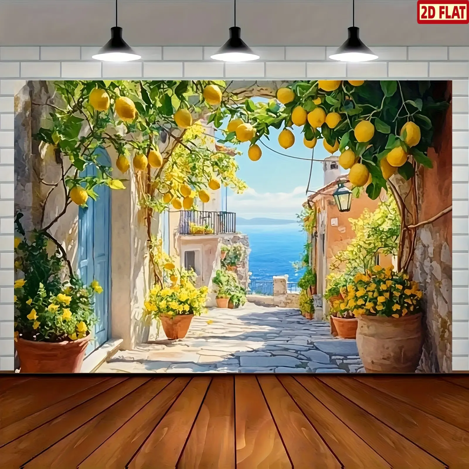 [2D Flat Lemon Tree Backdrop] Vibrant Italian Coastal Scene - Amalfi Coast Lemon Tree Photography Backdrop Banner with Lemons, Flowers & Cobblestone Path | Rustic Charm Reusable Polyester Backdrop for Outdoor Events, Weddin, Outdoor Banners