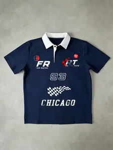 Vintage Racing Print Polo Shirt, Casual Streetwear, Chicago 93 Plaid Flag Design, Short Sleeve, Fitted, Graphic Style