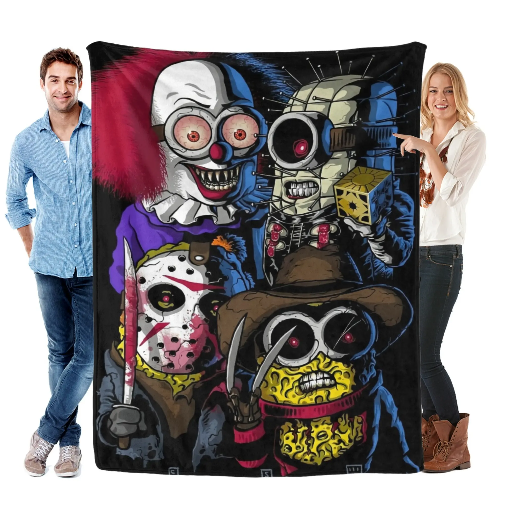 Horror Slasher Villain Mashup Flannel Throw Blanket, Pennywise Pinhead Freddy Jason Hybrid Character Print Ultra Soft All-Season Cozy Bedding for Sofa Bedroom Travel, Spooky Halloween Cartoon Decor, Perfect Birthday Xmas Gift for Horror  Fans