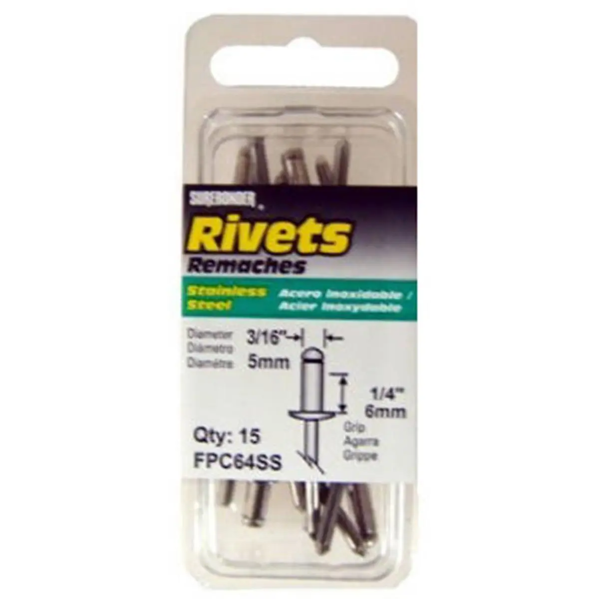 Surebonder FPC64SS Medium Stainless Steel Rivets - 15 Pack, Grip Range, Mandrel Type (for Sailing, Water Sports Activities)