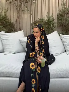 Sunflower Print Hooded Robe, Striped Trim Loose Long Cardigan, Elegant Chic Slim Fit Women's Outerwear, All Seasons Fashion