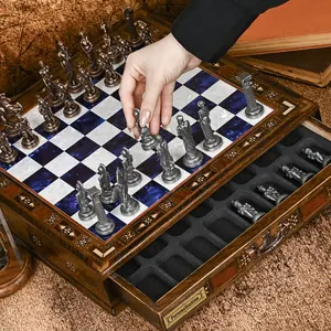 Large Handmade Chess Board and Metal Pieces, Luxury Birthday Gift Man, Husband, Custom Chess Board with Storage, Christmas Gift Dad