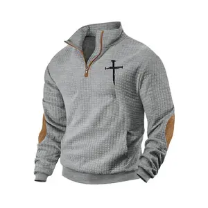 Men's printed half-zip turtleneck waffle-knit sweater, soft and comfortable casual version versatile and practical, suitable for wearing in the autumn and winter seasons, upper body, outdoor travel, daily casual wear men's outfit clothingGift