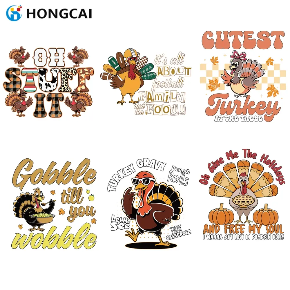 Thanksgiving Fun Iron-On Stickers Set, 6-Piece Cute Cartoon Turkey Design, High-Quality Heat Transfer Vinyl, Perfect for T-Shirts & More