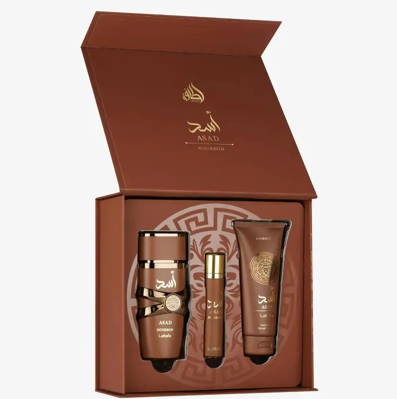 Lattafa Asad Bourbon 3-Piece Luxury-Inspired EDP Fragrance Gift Set - Gender-Neutral Aromatic Woody Floral Set with Lavender Blend, Spicy-Sweet Notes, Rich Gourmand Scent, Amber Vanilla for Adults