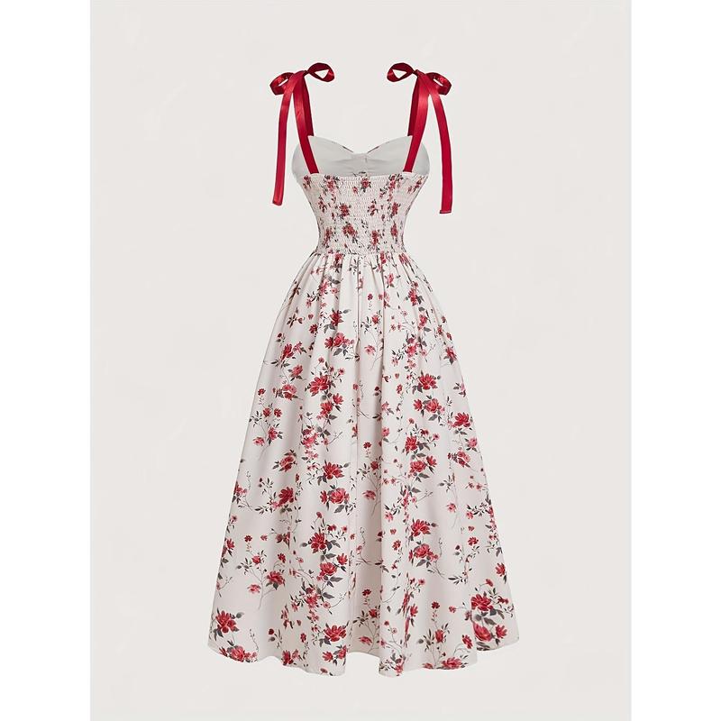 Stand Collar Drawstring Women's Elegant Off-Shoulder Floral Print Dress with Red Bow Straps - Women's Smocked Tiered Maxi Dress