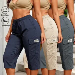 Solid Color Women Cargo Capri Pants Drawstring High Waist Flap Pockets Casual Outdoor Streetwear Daily Comfy Jogger Capris