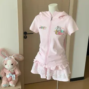 Rabbit Ears Hooded Jackets for Women 2025 Ropa Mujer Preppy Style Summer   Tops Short Sleeve Zipper Cartoon Print Cute Coats