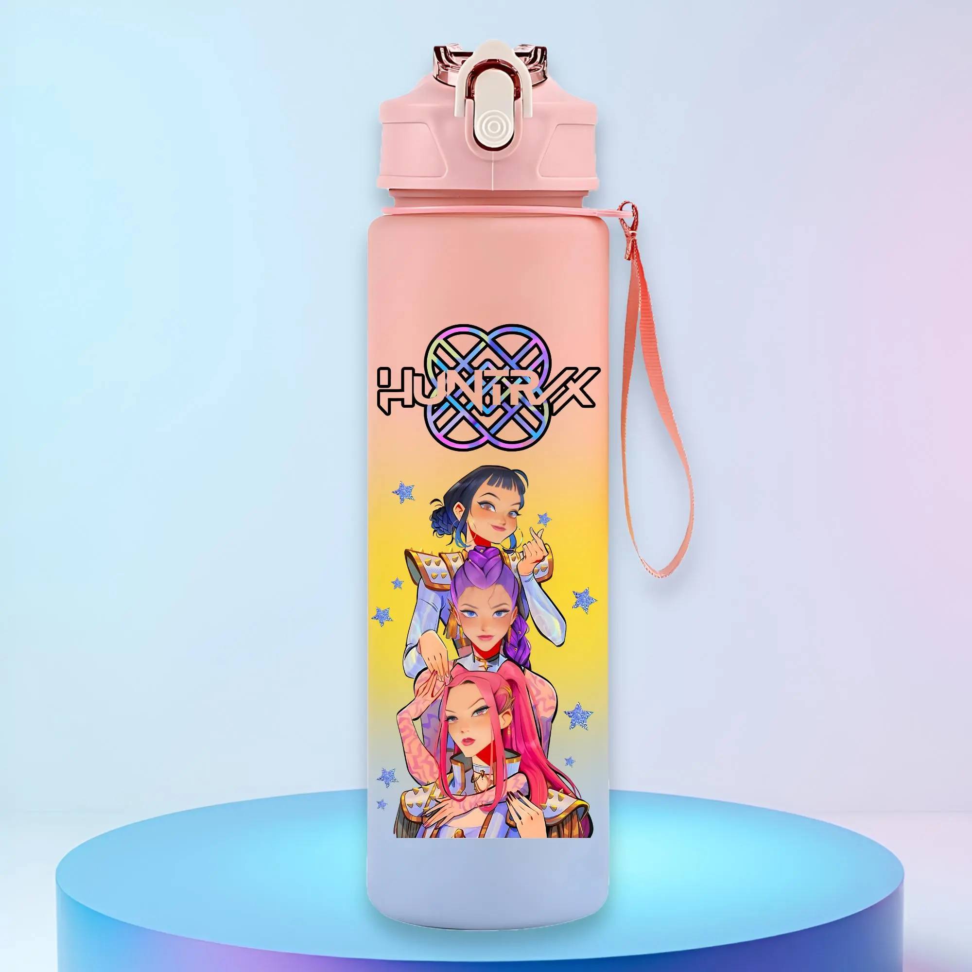 Music Anime Inspired 750ml Water Bottle for Girls, K-Pop Style Character Print Reusable Drink Bottle with Strap