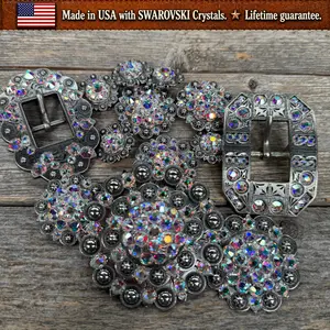Antique Silver AB Crystal Conchos | Sizes 1"- 3" | Buckles | Saddle Set | Leather Rosettes | Slide