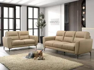 Poundex F8420 2 pc Taupe Top Grain Leather Sofa and Love Seat Set with Flared Arms and Dark Legs Elegant Design for Any Living Space