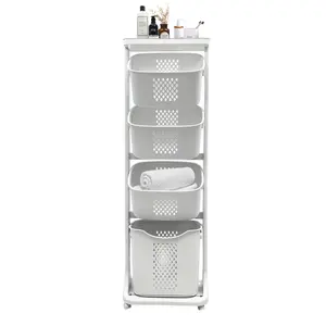 4-Tier Laundry Hamper Sorter, Laundry Storage Organizer with Wheels Removable Rolling Laundry Baskets, Bathroom Cart for Dirty Clothes, White
