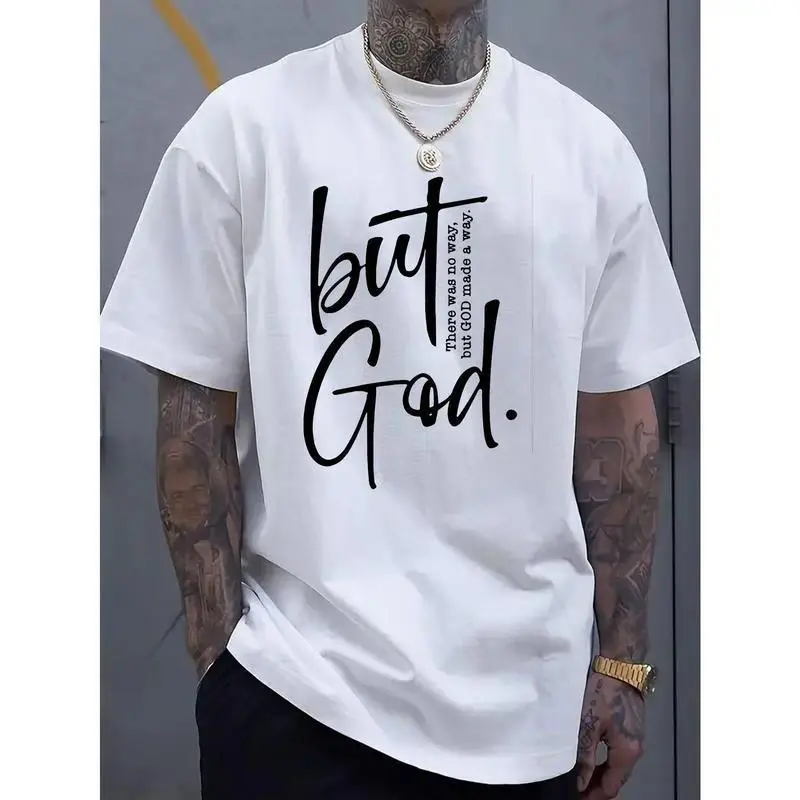 Unisex 'but God.' Graphic T-Shirt, Christian Faith Design with 'There Was No Way But God Made A Way' Script Print, 100% Cotton Casual Oversized Crew Neck Top, Retro Streetwear Religious Shirt for Believers, Church Goers & Spiritual Gift Givers