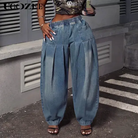 UOOZEE Women's 2026 High Waist Breathable Loose Oversize Denim Boyfriend Jeans - Retro Barrel, Solid Color, Pleated Pockets, Elastic, Foldable Stacked Cuffs, Streetwear Style Trouser for Valentine's Day