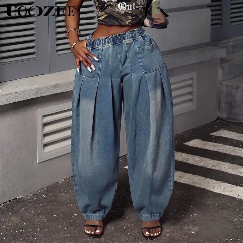 UOOZEE Women's 2026 High Waist Breathable Loose Oversize Denim Boyfriend Jeans - Retro Barrel, Solid Color, Pleated Pockets, Elastic, Foldable Stacked Cuffs, Streetwear Style Trouser for Valentine's Day