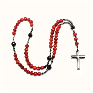 1pc natural stone turquoise black onyx black gallstone men's cross rosary long chain Stainless Steel Necklace Amulet
