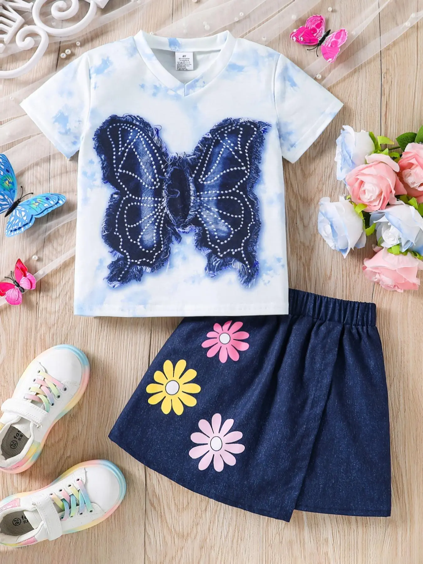 Two-piece Set Girl's Butterfly Print Short Sleeve Tee & Floral Print Skirt Set, Casual Round Neck T-shirt & Elastic Waist Skirt, Summer Outfits Set, S