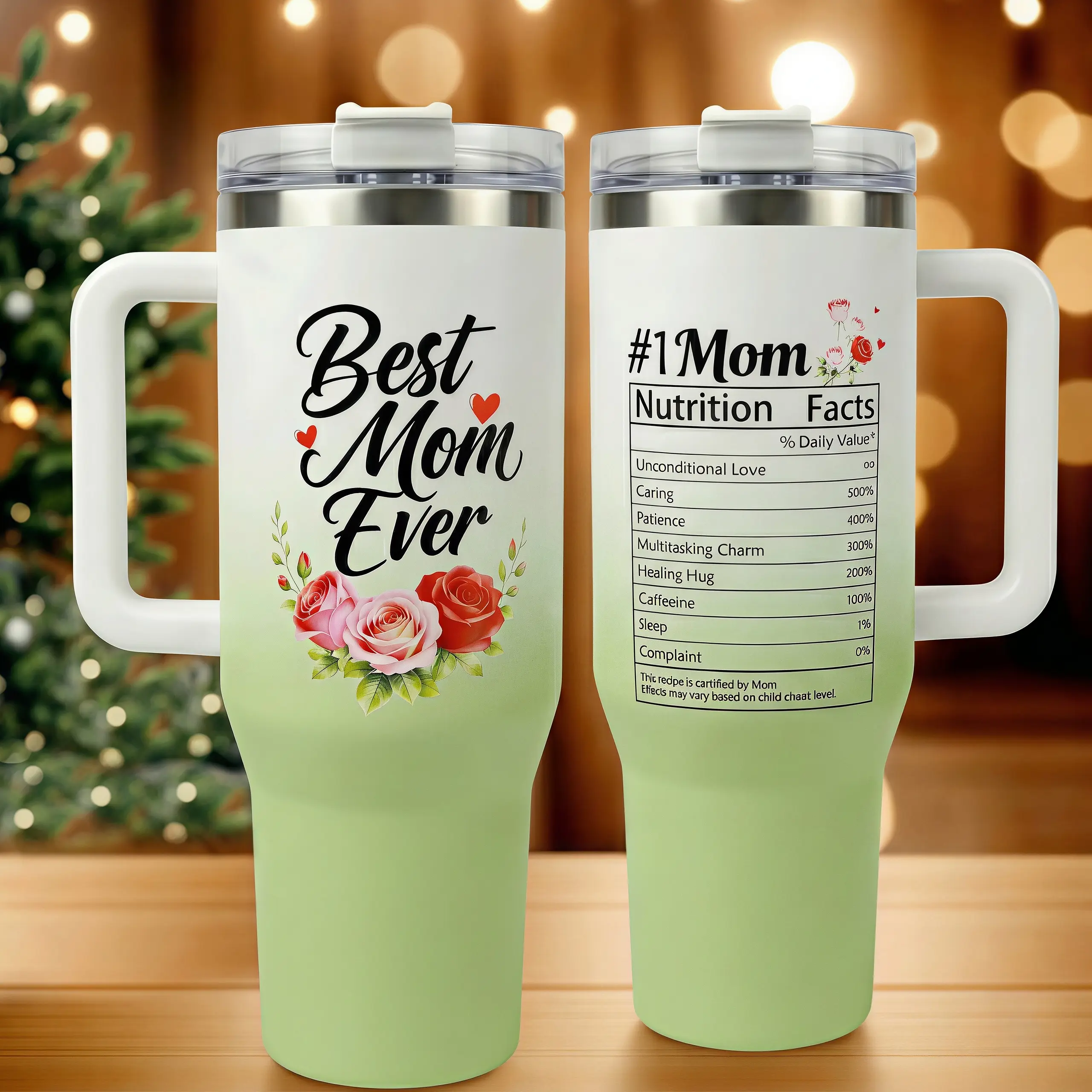 Funny Mom Nutrition Facts 40oz Stainless Steel Mug with Handle, Best Mom Ever Large Drinkware, Office Driving Hydration Gift for Her Keeps Drinks Cold 24H Hot 12H Mother's Day Gift for Mom