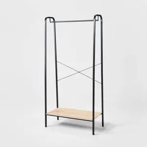Single Shelf Garment Rack Black Metal with Natural Wood - Brightroom
