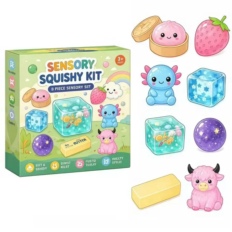 8 Piece Squeeze Stress Relief Toy Box – Ultra Soft Elastic Pinch Toy Set for Home Office Desk Relaxation, Cute Sensory Gifts for Adults Kids
