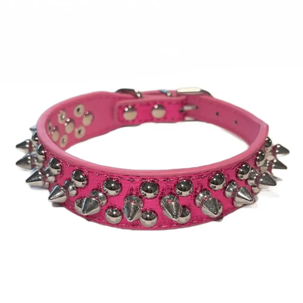 Spiked Studded Leather Dog Collar with Rivets for Small & Large Cats Pit Bull Adjustable Pink