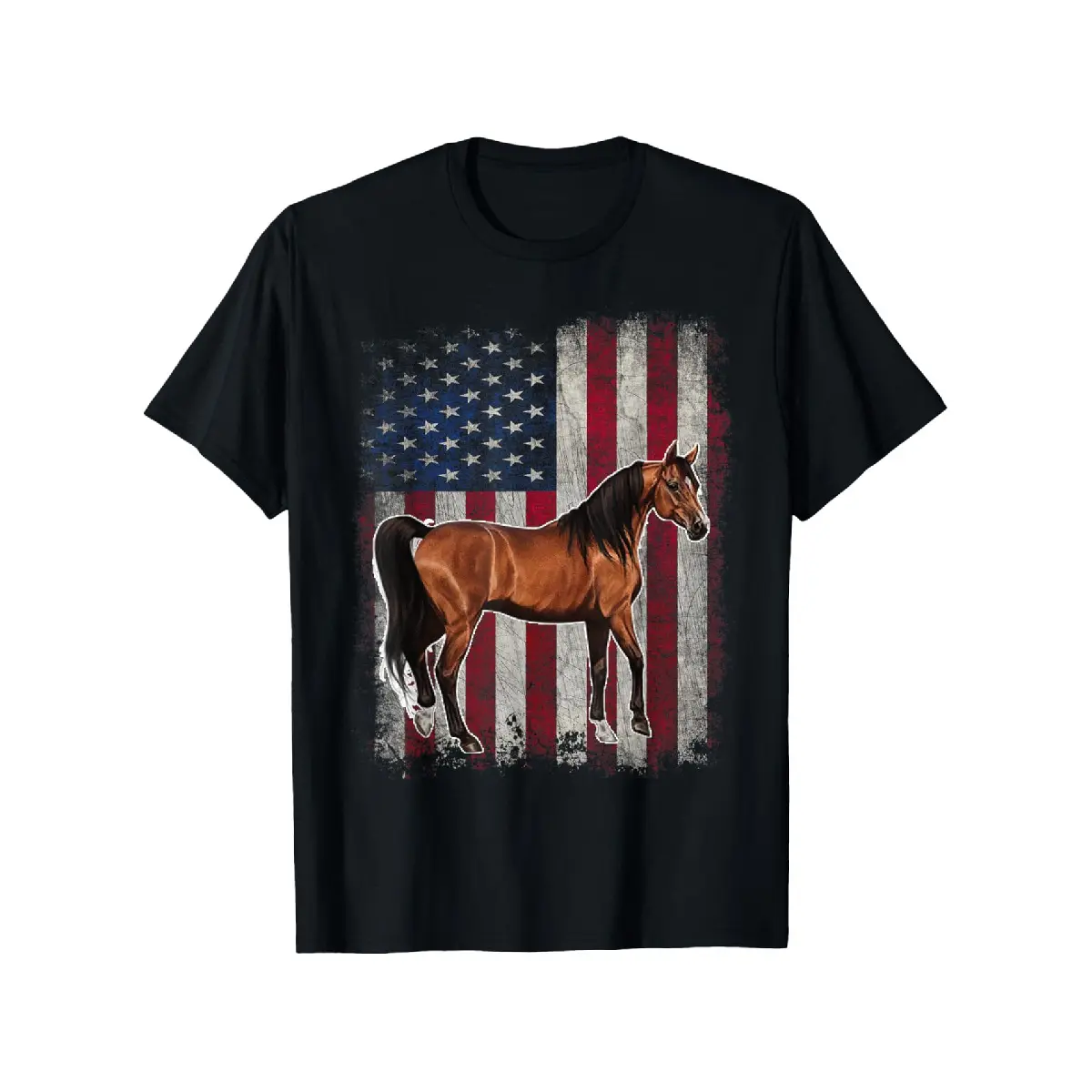[100% Cotton] 100% Cotton Men'S & Women'S Vintage American Flag & Arabian Horse Patriotic T-Shirt - 100% Casual Short Sleeve Round Neck Tee with Horseback Riding Design, All-Season Comfort, Sizes S-XXXL, Ideal for 4th of July, Rodeo & Casual Attire - Dura
