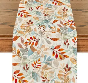 Beige Eucalyptus Leaves Fall Table Runner, Autumn Thanksgiving Kitchen Dining Table Decoration for Outdoor Home Party 13x60 Inch