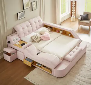 L9013PK Helena Pink Faux Leather Queen Platform Bed with Built-in Chaise, Underbed Drawers, and Massage Functionality
